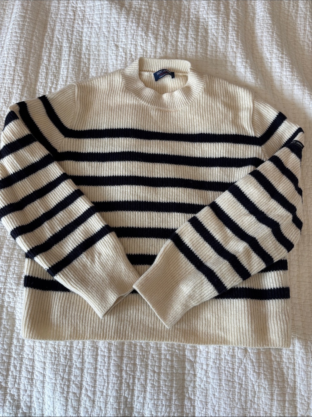 Saint James Cream and Navy Breton Striped Crewneck Wool Sweater size XS